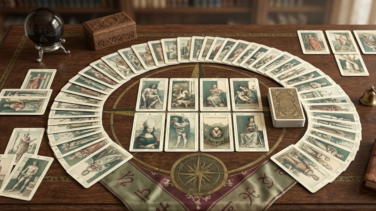 Cartas de Tarot em mesa — Formação de Tarot com Georgia Cappi